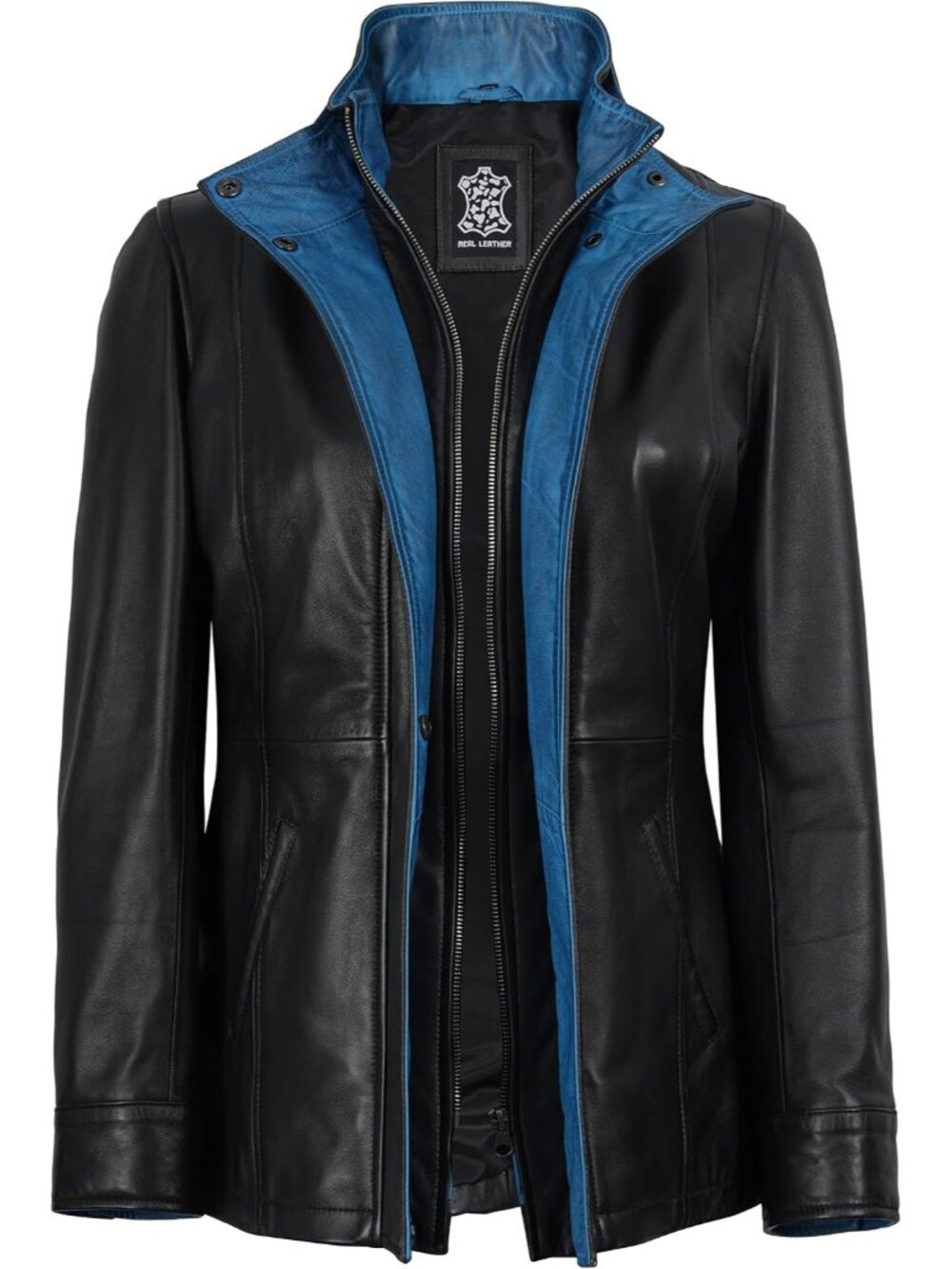 Women’s Black Blue Leather Coat Dual Closure Long Jacket Stylish Outerwear